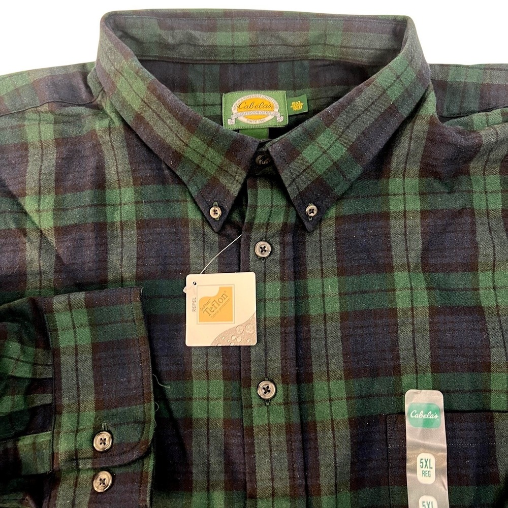 Cabelas Shirt Mens 5XL Green Blue Plaid Teflon Flannelโ Button Down Long
